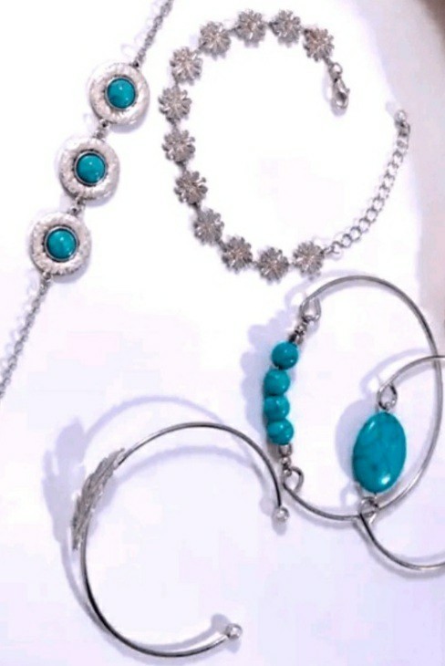 Turquoise Stone, Silver, Bangle Bracelet OR Anklet 5 Piece Set, Brand New! OSFM!