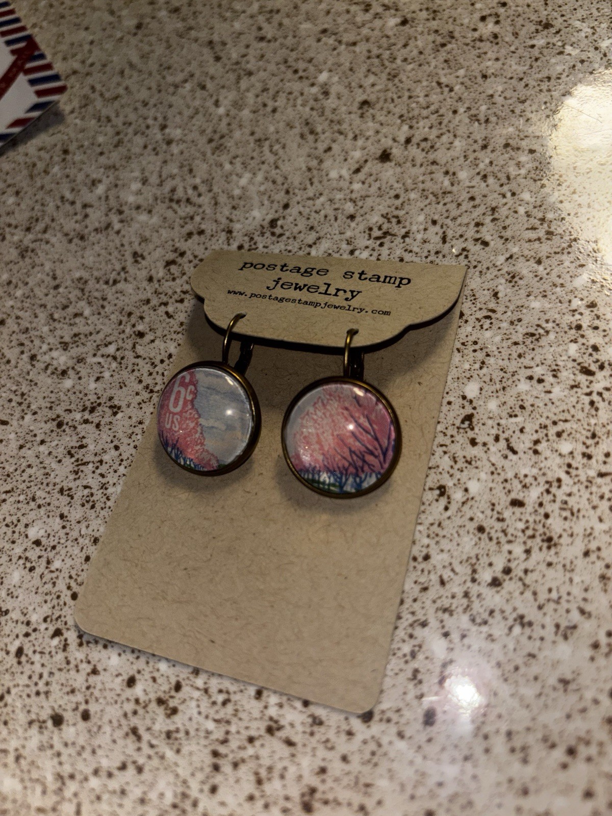 Postage Stamp Jewelry: Pink, Blue And White Earrings
