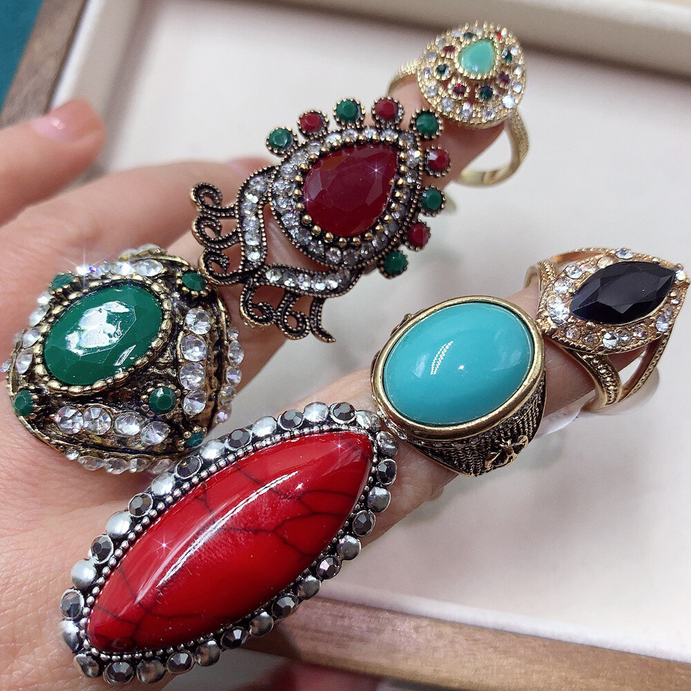 20pcs Mixed Vintage Colorful Gemstone Ring Retro Alloy Finger Deco Ring Bulk Art