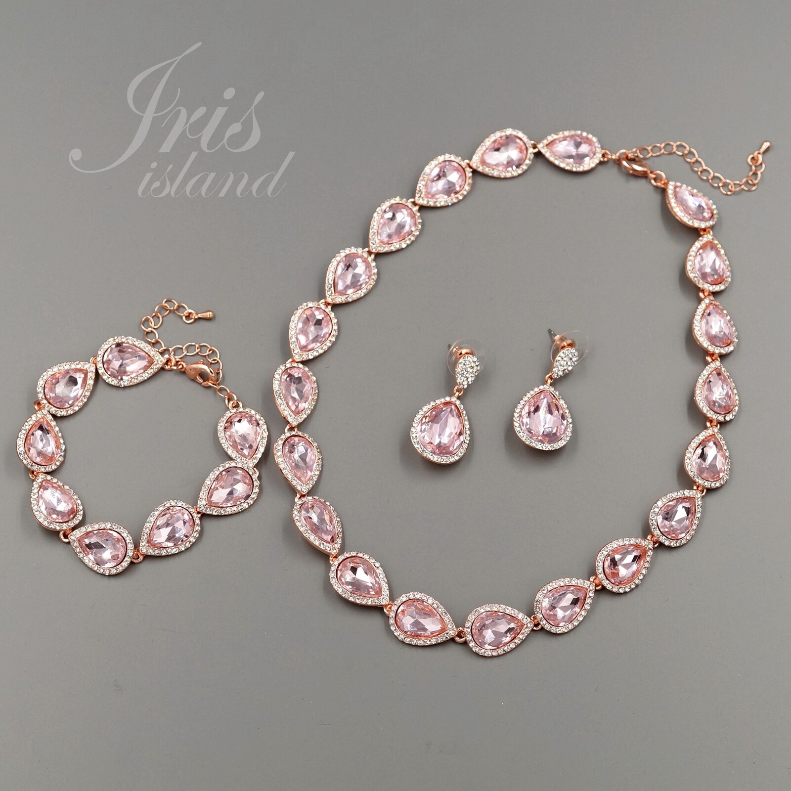 Rose Gold Plated Pink Crystal Necklace Bracelet Earrings Wedding Jewelry Set 829