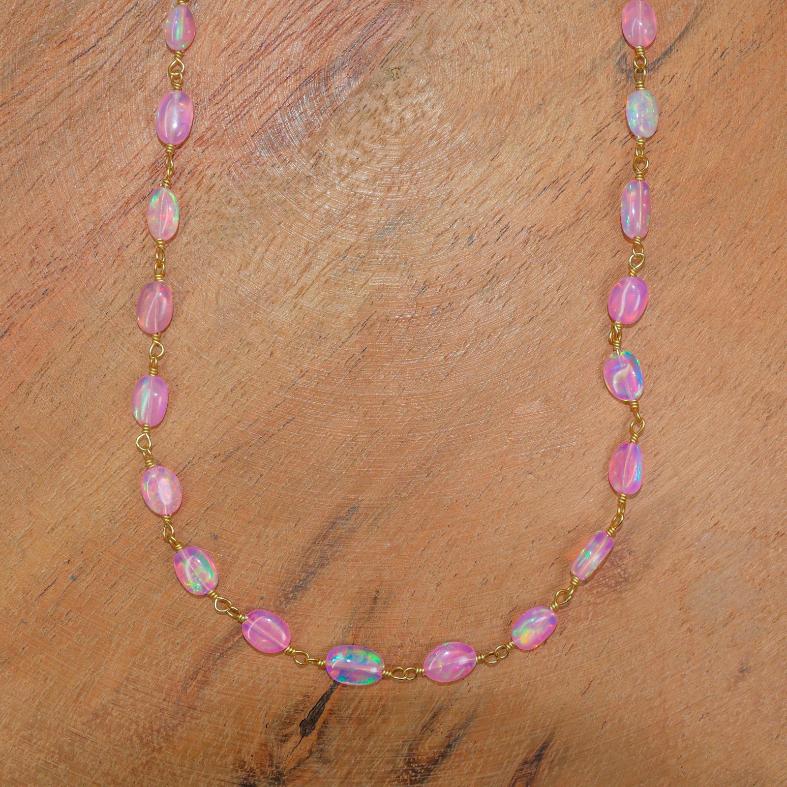 Genuine Pink Opal Tumble Beads Wire Wrap Necklace, Delicate Ethiopian Opal Beads