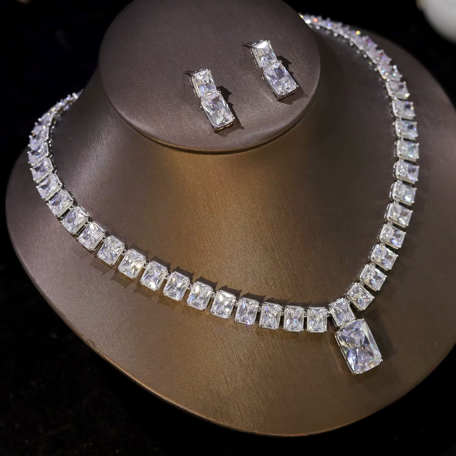 2sets Bridal Jewelry Wedding Party Cubic Zirconia Crystal Necklace Prom Birthday
