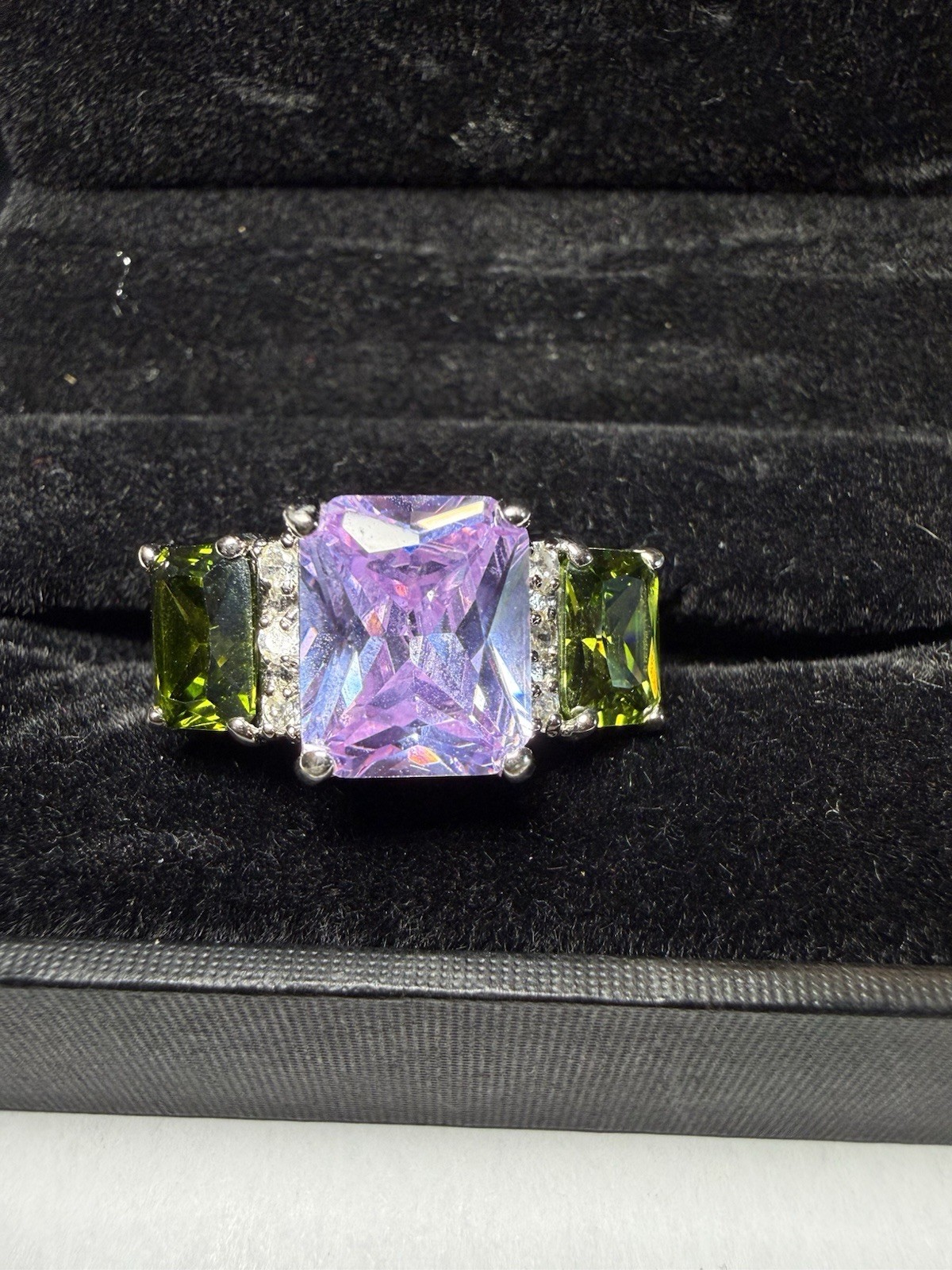 925 Sterling Silver Cocktail Ring Purple Square Center Stone Green Sides Sz 10