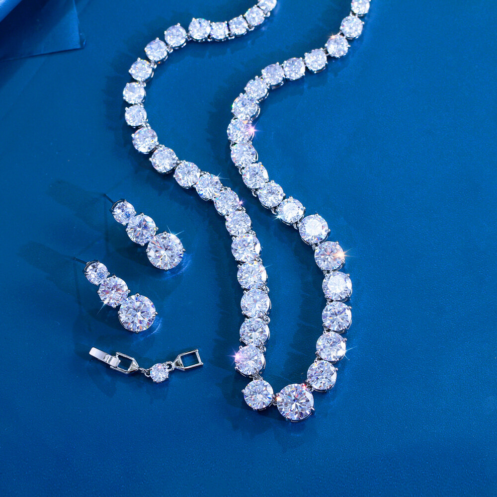 Round Cubic Zirconia Tennis Necklace Earrings Silver Plated Wedding Jewelry Set