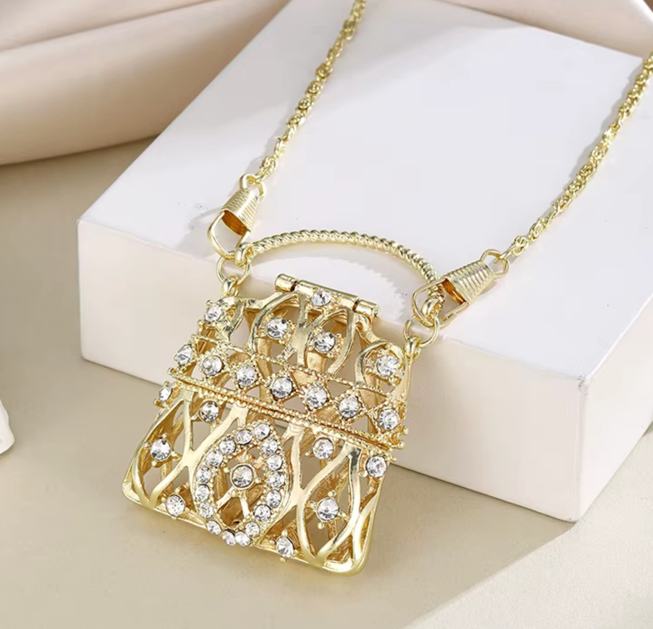 Mini Crystal Purse Pendant Necklace Gold Tone Long Chain Crossbody Handbag Charm