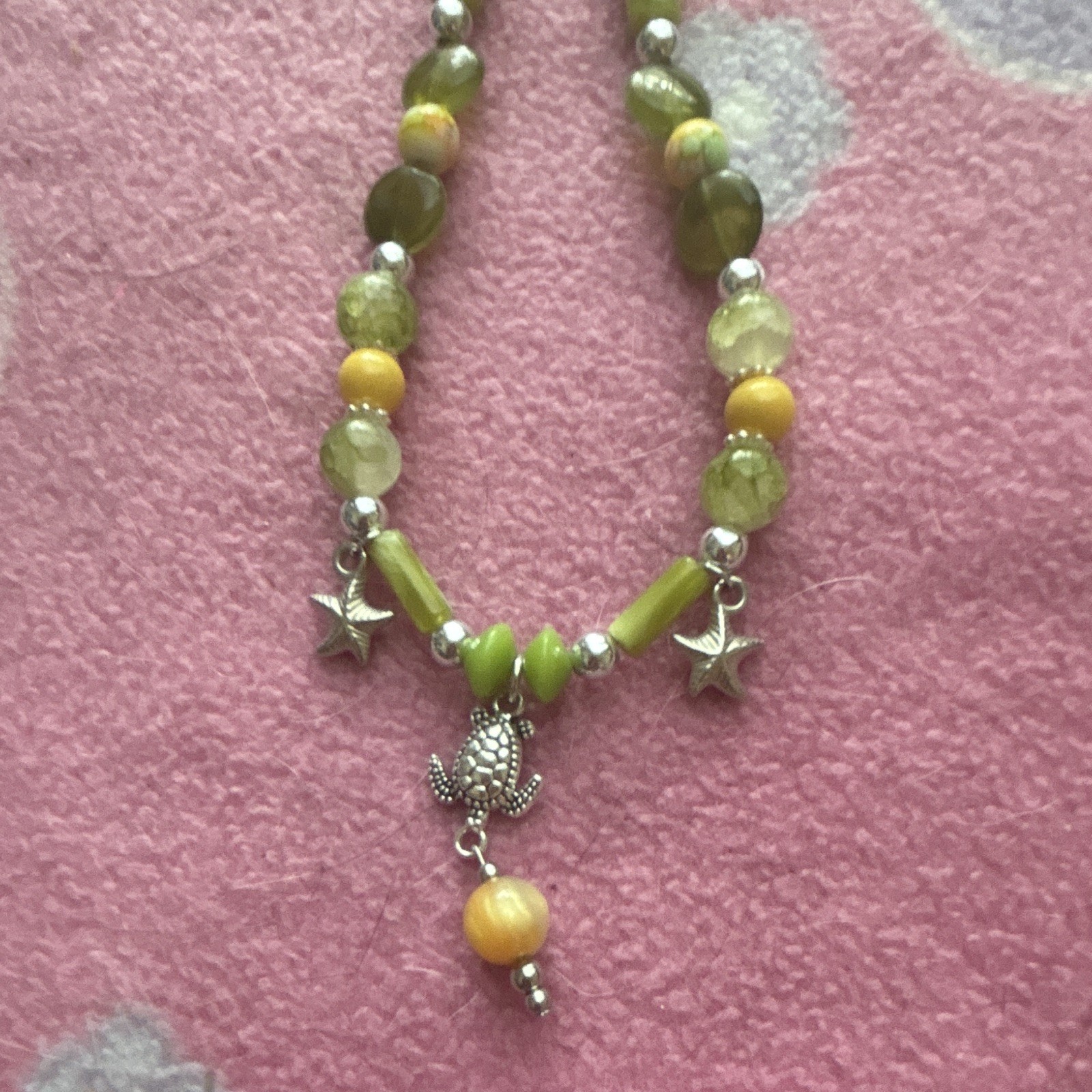 Green & Yellow Beaded Jewelry Set Necklace Bracelet with Turtle Animal Charm