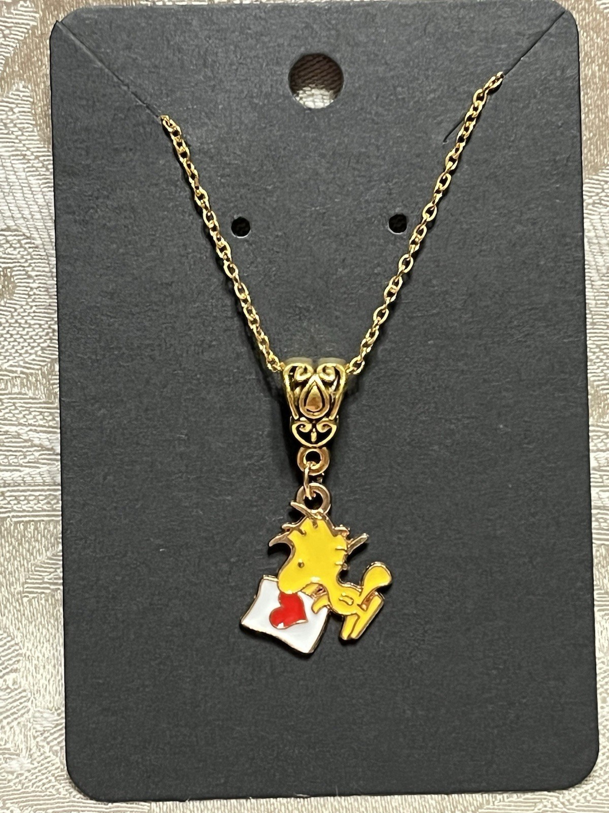 Snoopy Woodstock Heart Adorable Enamel Charm Fashion Fun Boho Gold Necklace 18”
