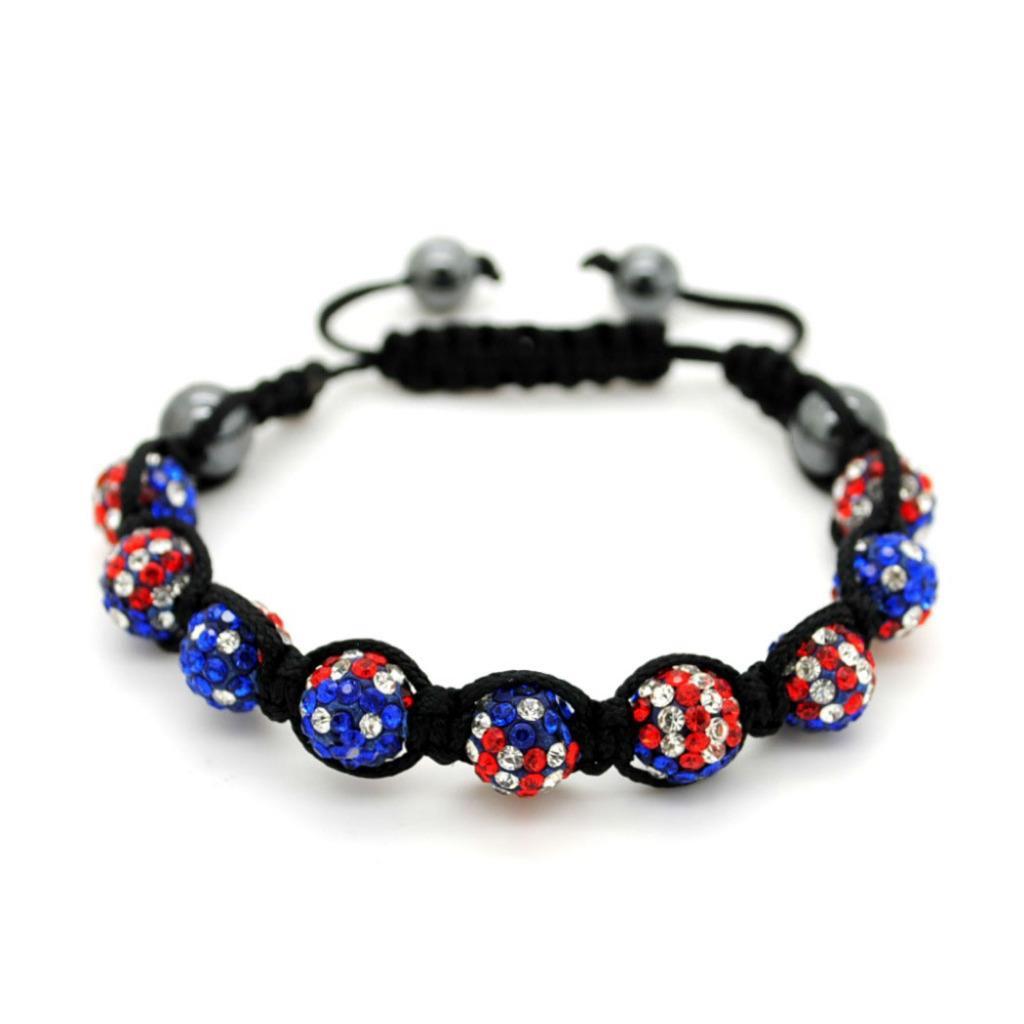 USA FLAG SHAMBALLA BEAD BRACELET 10mm Red White Blue Crystal US America Pride
