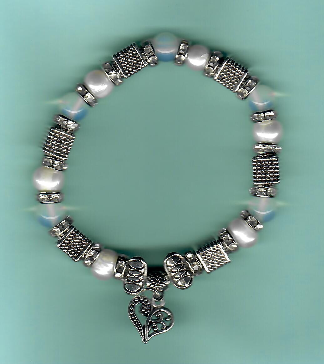 Brighton Pearl/Opal/silver/CZ stretch bracelet with Contempo/Leafy heart charm