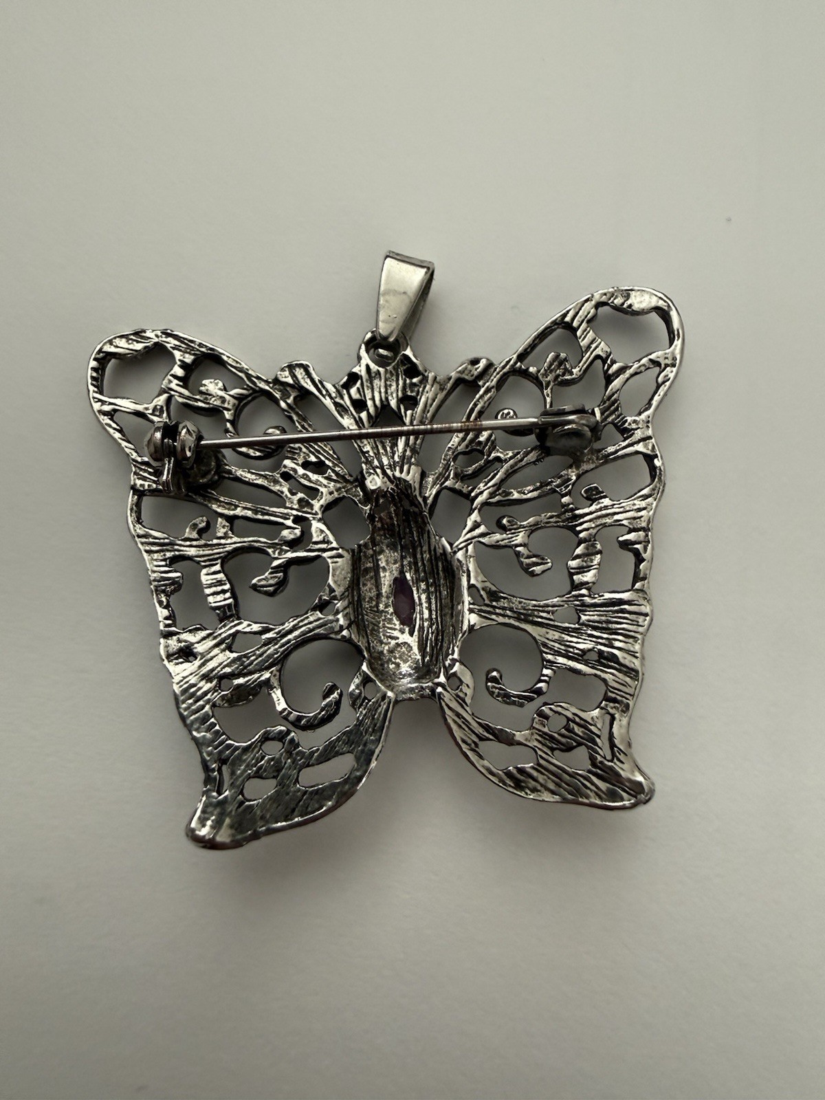 Vintage Silver Tone Filigree Butterfly Brooch Pin Pendant Combo Purple Stone
