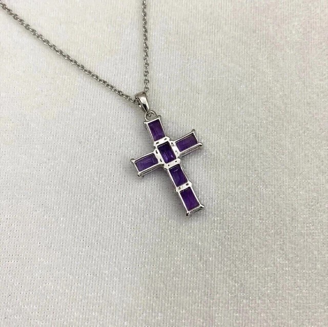 1.50Ct Emerald Cut Simulated Amethyst Holy Cross Pendant 14K White Gold Plated