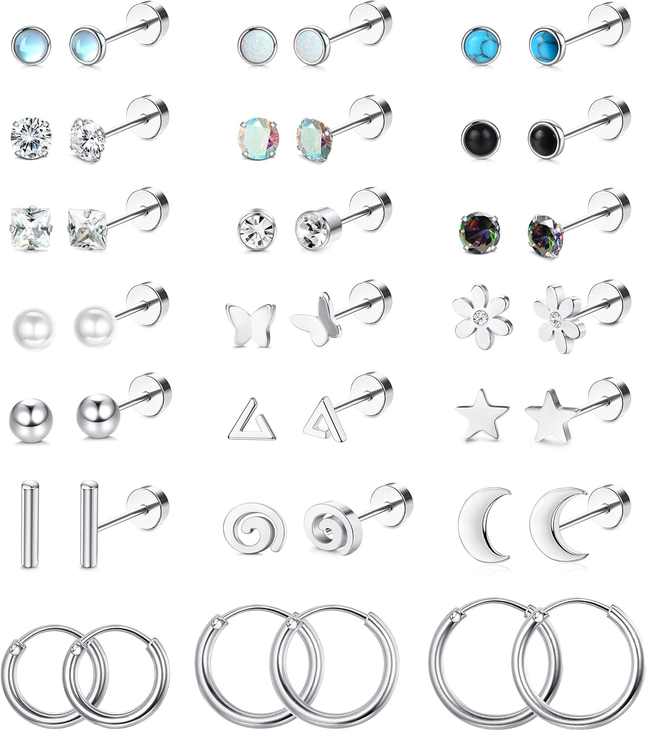 21Pairs Surgical Steel Flat Back Earrings Hypoallergenic 20G Screw Back Nap Stac