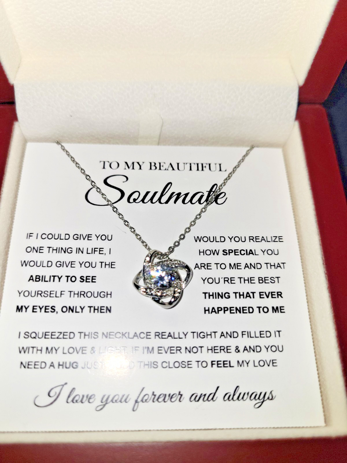 Women’s Soulmate Love Knot Necklace, silver plated, 18 to 22 inch chain.