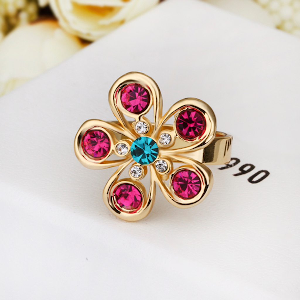 18K Gold Blue Pink Zirconia Flower Band Ring Size 8 B117