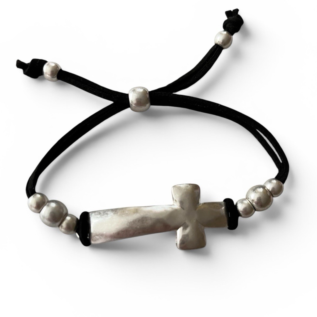 Adjustable BlackCord Beaded Bracelet w/ Cross Charm, Slide