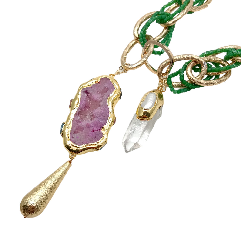 Green Crystal Necklace Fuchsia Agate Slice White Quartz Biwa Pearl Point Pendant