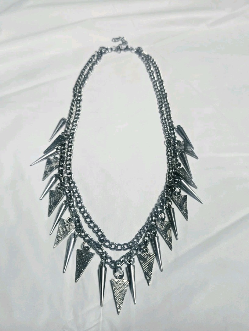 Silver Statement Collar Double Cable Chain Triangle Spike Pendant Necklace