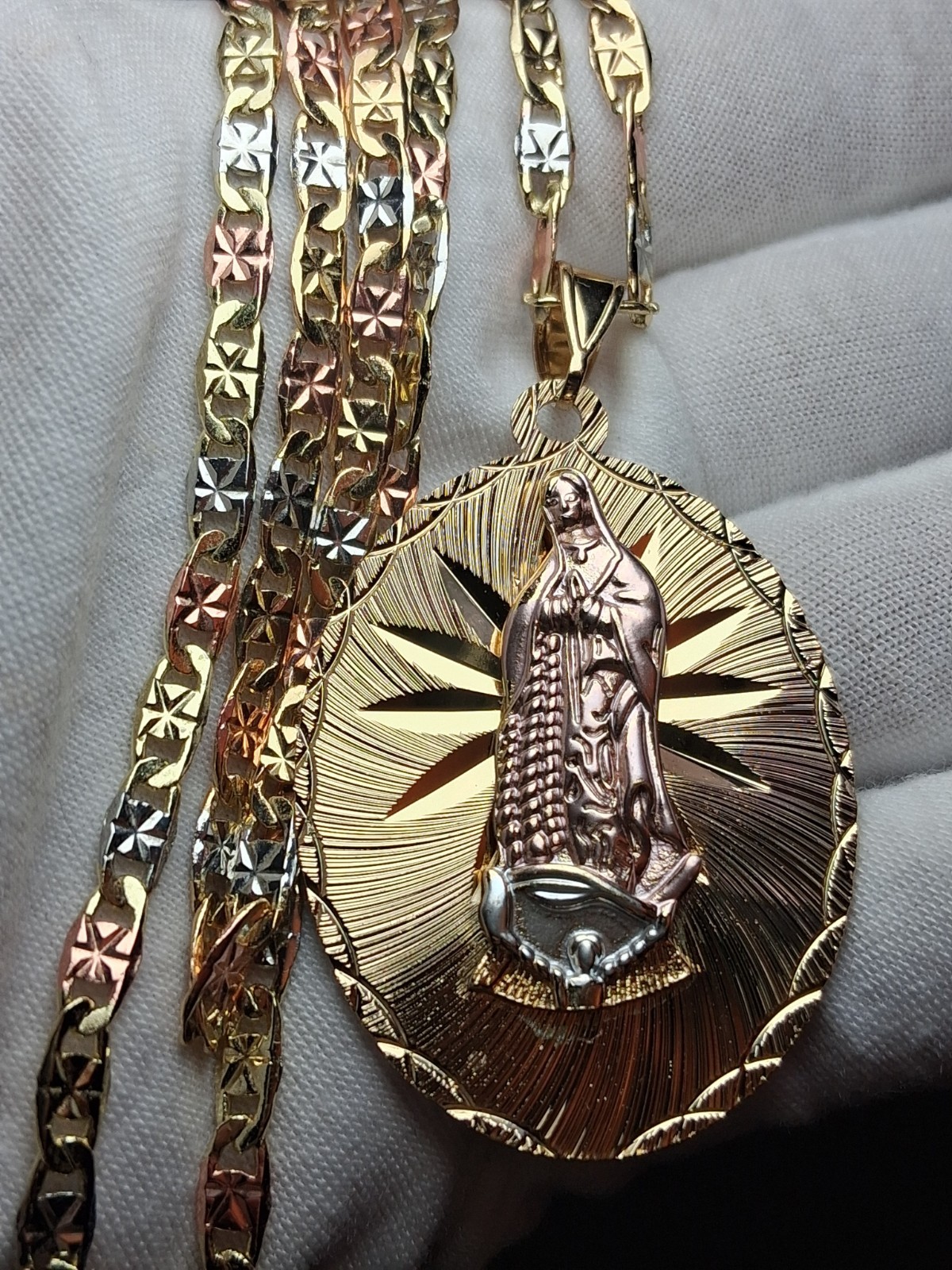 Virgin of Guadalupe Pendant, 24″ Valentino Link Chain, Gold-Plated & Tri-Tone