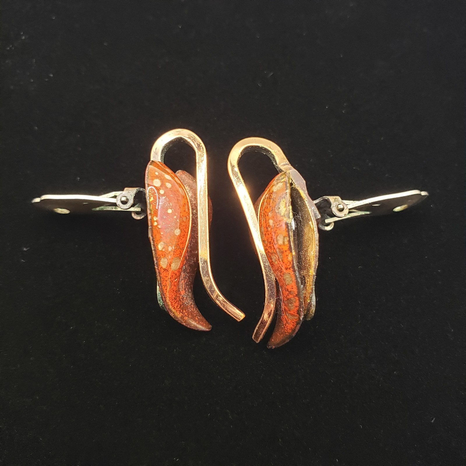 Earrings Clip On Signed Matisse Renoir Copper Enamel Leaf Mid Century Modern