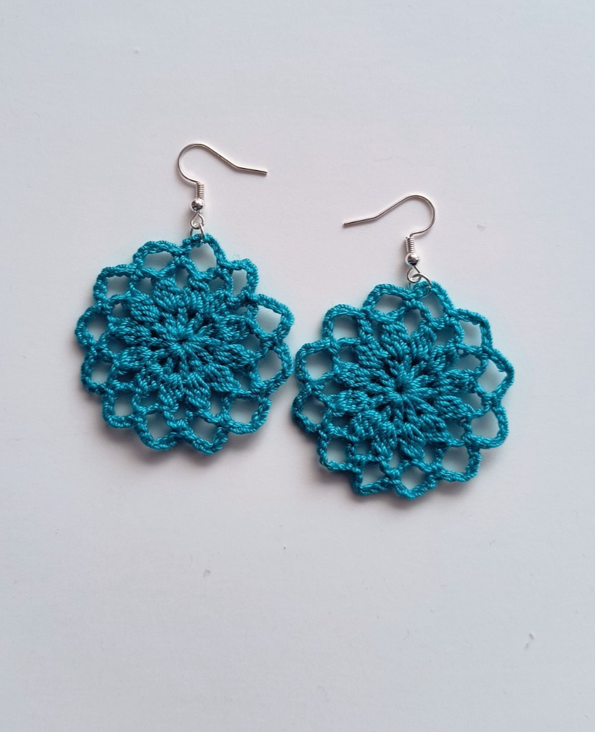 Crochet Earrings, Round , Handmade USA, Brand New, Boho Chic Retro