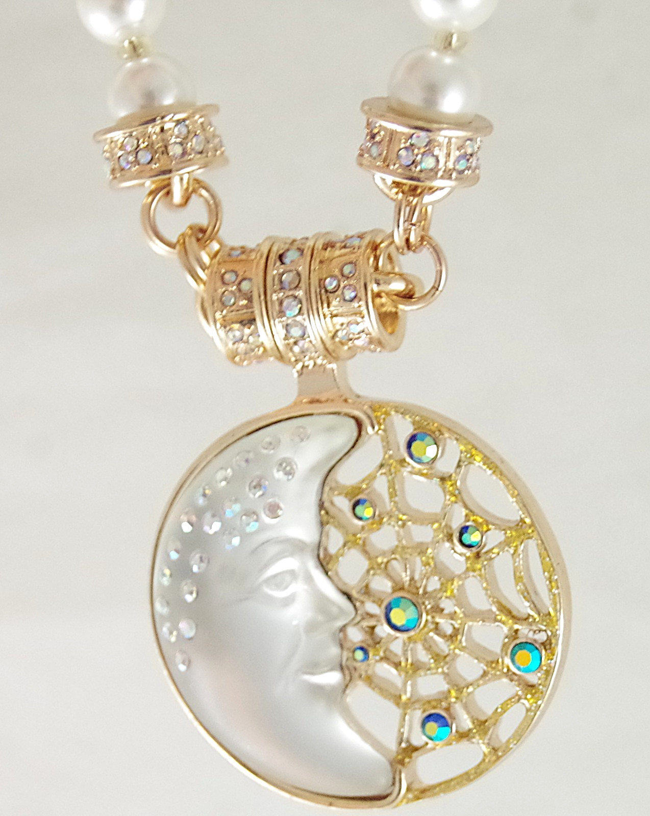 KIRKS FOLLY AB CRYSTAL RHINESTONE WHITE MOON/ DREAM CATCHER ENHANCER NECKLACE