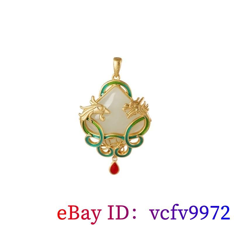 Jade Dragon Phoenix Pendant Jewelry 18K Gold Plated Necklace Natural Chalcedony