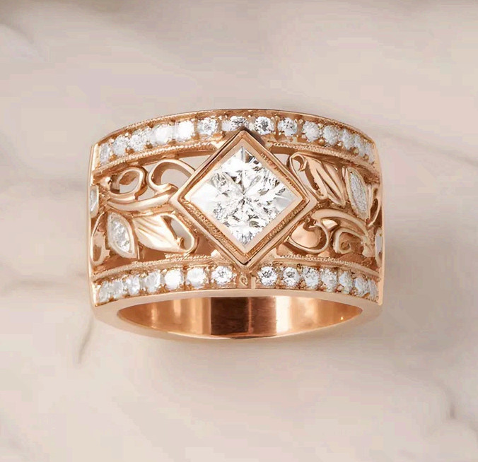 Surgical Steel Rose Gold Ring Princess Cut CZ Filigree Statement Band