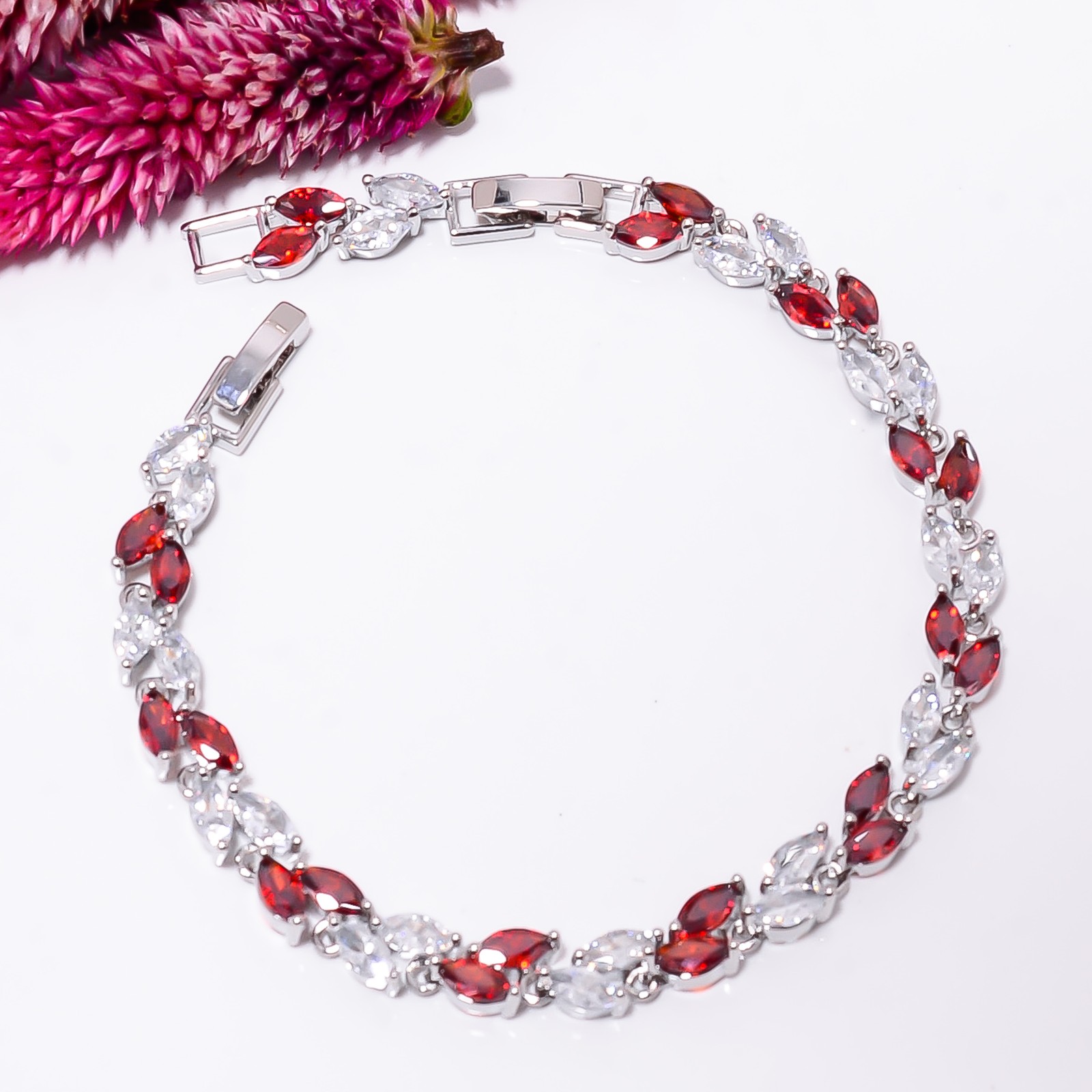 Red Garnet, White Topaz 925 Sterling Silver Adjustable Bracelet 7-8″ B141374