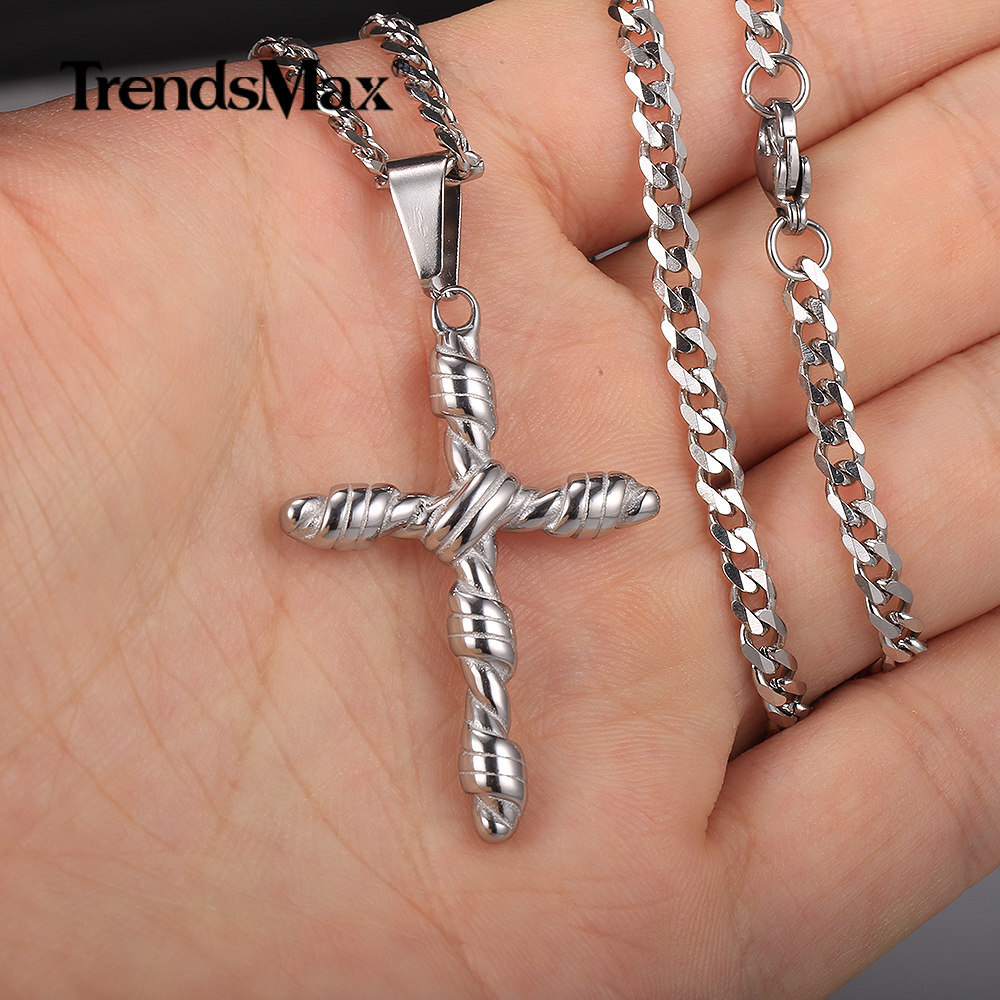 Men’s Silver Tone Stainless Steel Chain Vintage Religious Cross Pendant Necklace