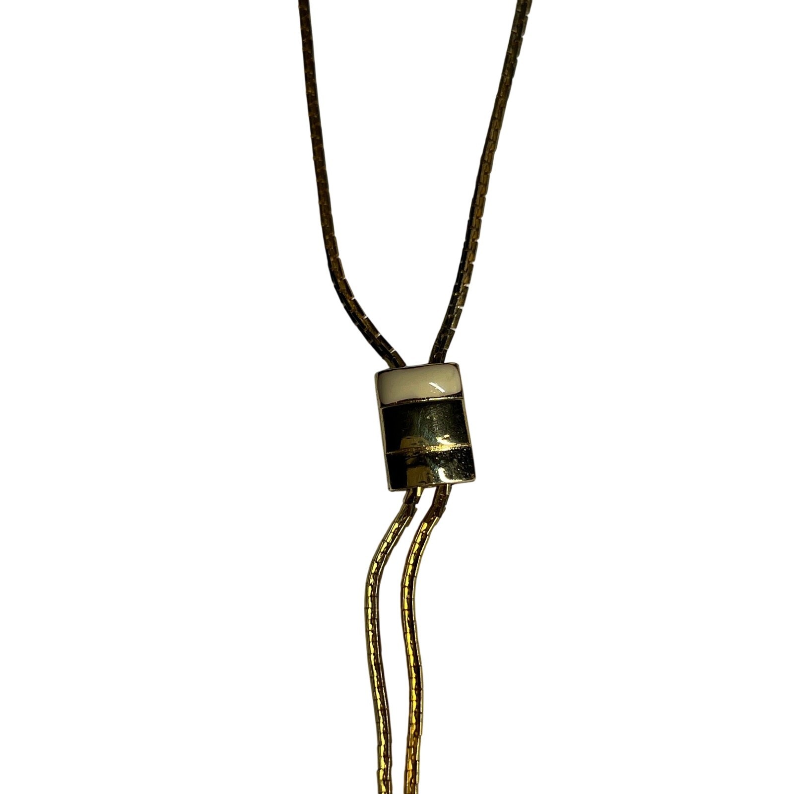 Gold Tone Lariat Necklace Adjustable Slide Pendant White Bead Tassel 17in