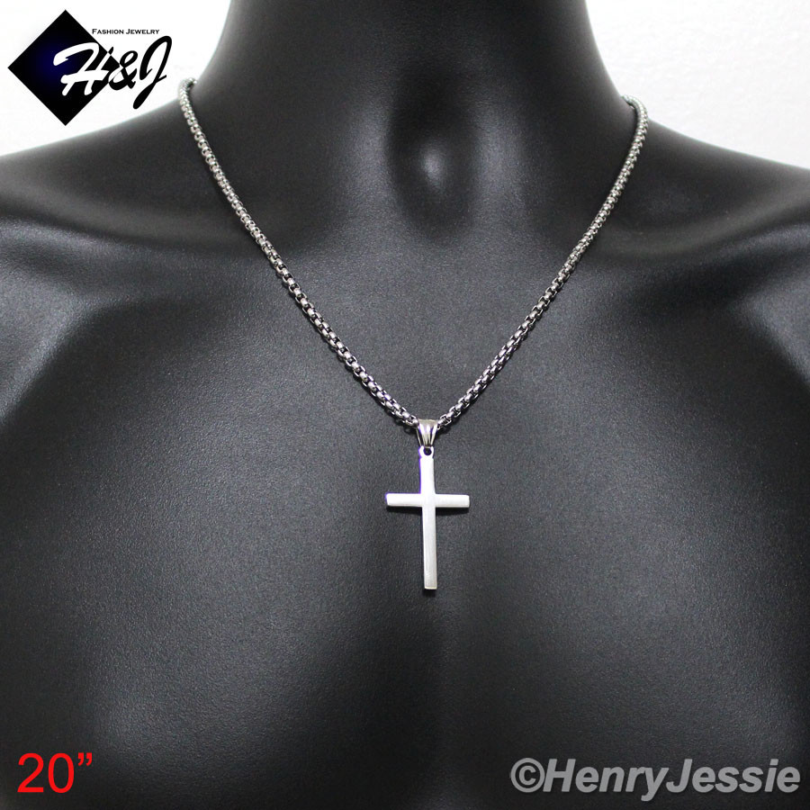 24″MEN Stainless Steel 2mm Silver Smooth Box Chain Necklace Cross Pendant*SP