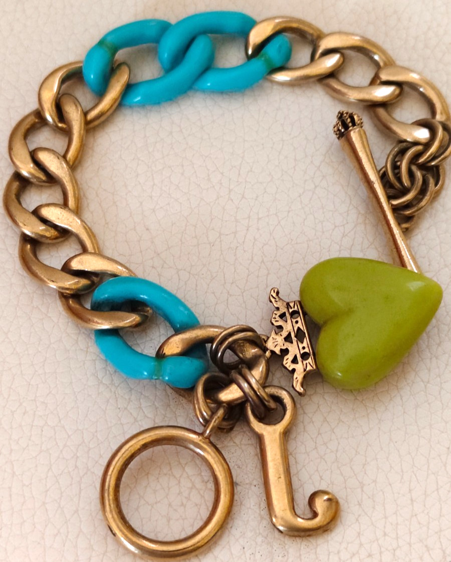 Vintage Juicy Couture Gold Tone Toggle Bracelet Turquoise Resin Links Green Hear