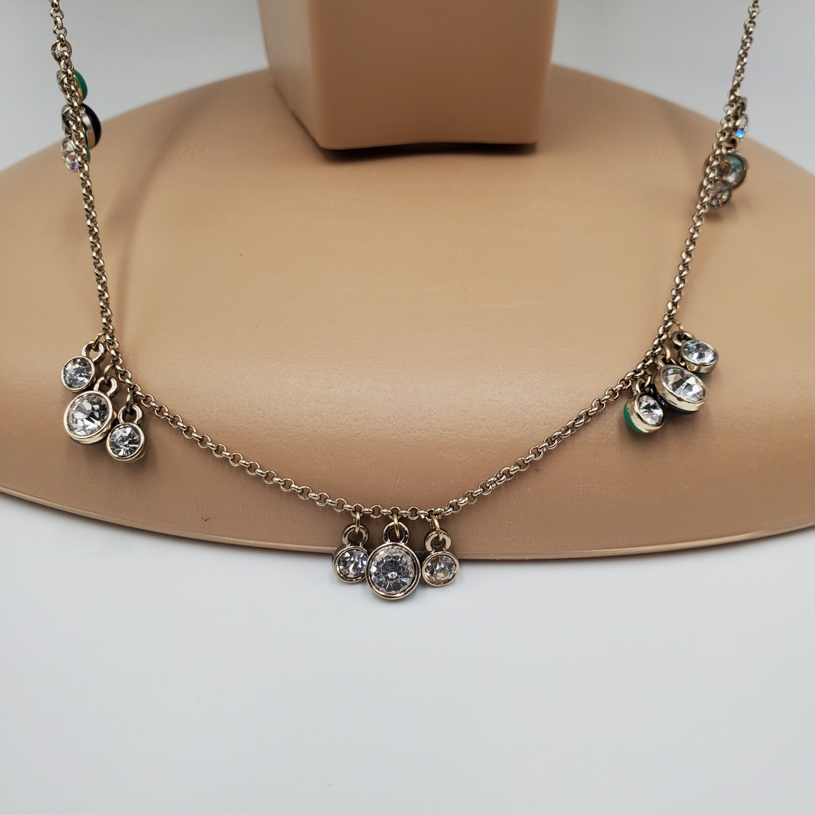 Ann Taylor Reversible Station Necklace 30in Silver Tone Clear Crystal Blue Green