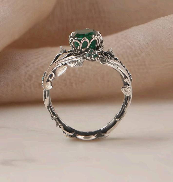 Stainless Steel Statement Ring with Green Emerald Stone