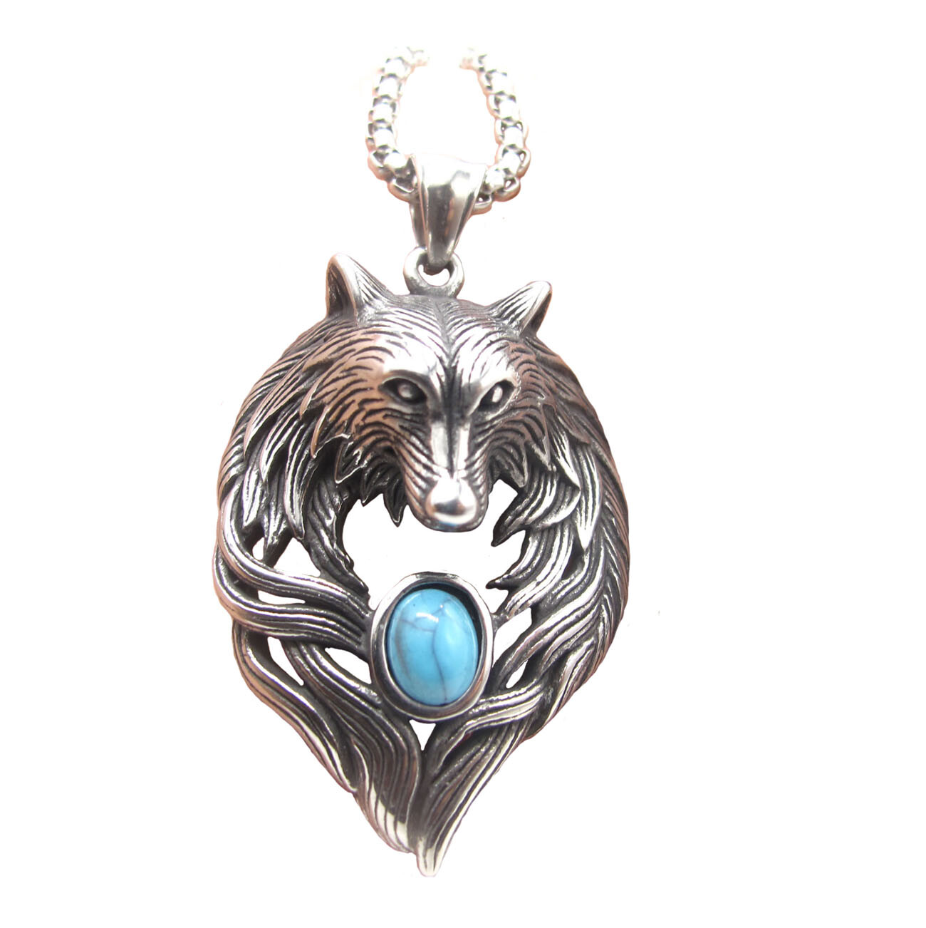 MENDEL Mens Stainless Steel Turquoise Wolf Head Pendant Necklace For Men Women