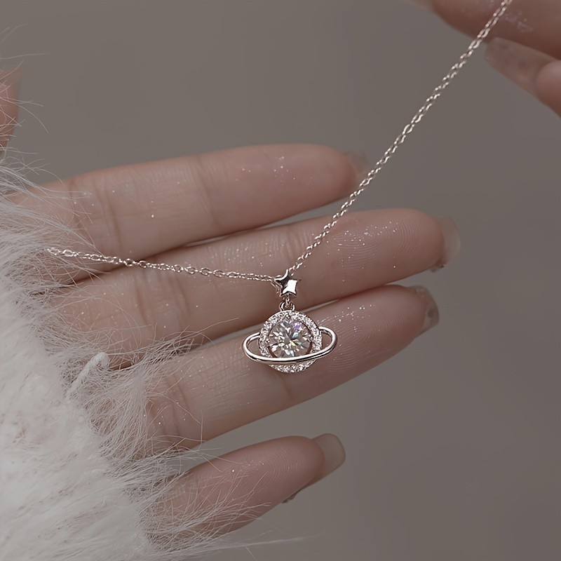 Saturn Planet Cubic Zirconia Pendant Necklace Star Celestial Dainty Gift