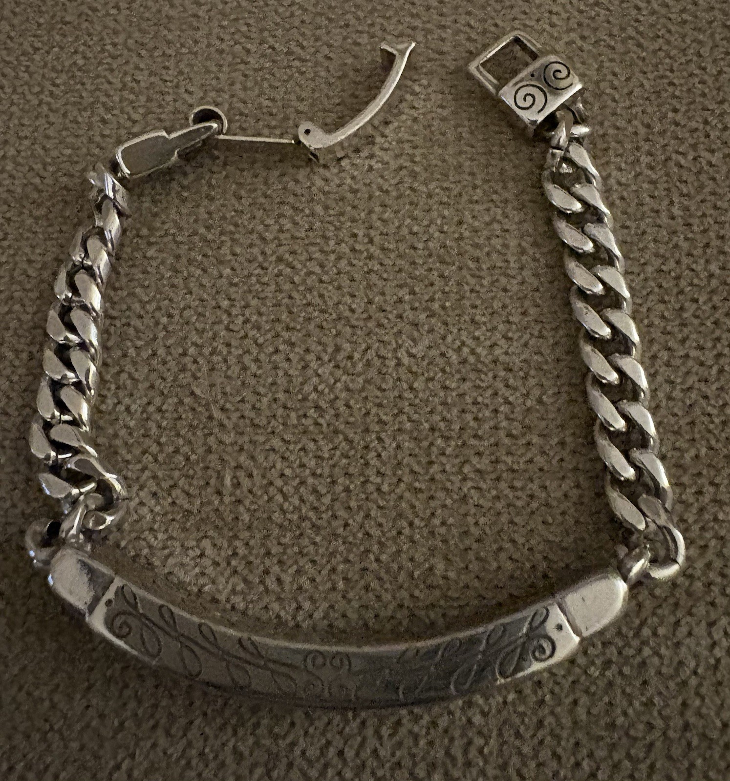 Brighton Love ID Bracelet Silver Tone Curb Chain Scroll Bar 7”