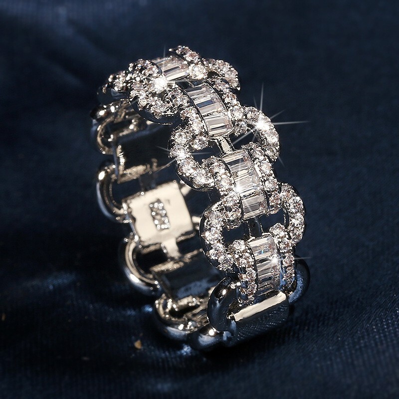 925 Sterling Silver Ring Zircon Women Men Sterling Stone Rings Chain Link Gift