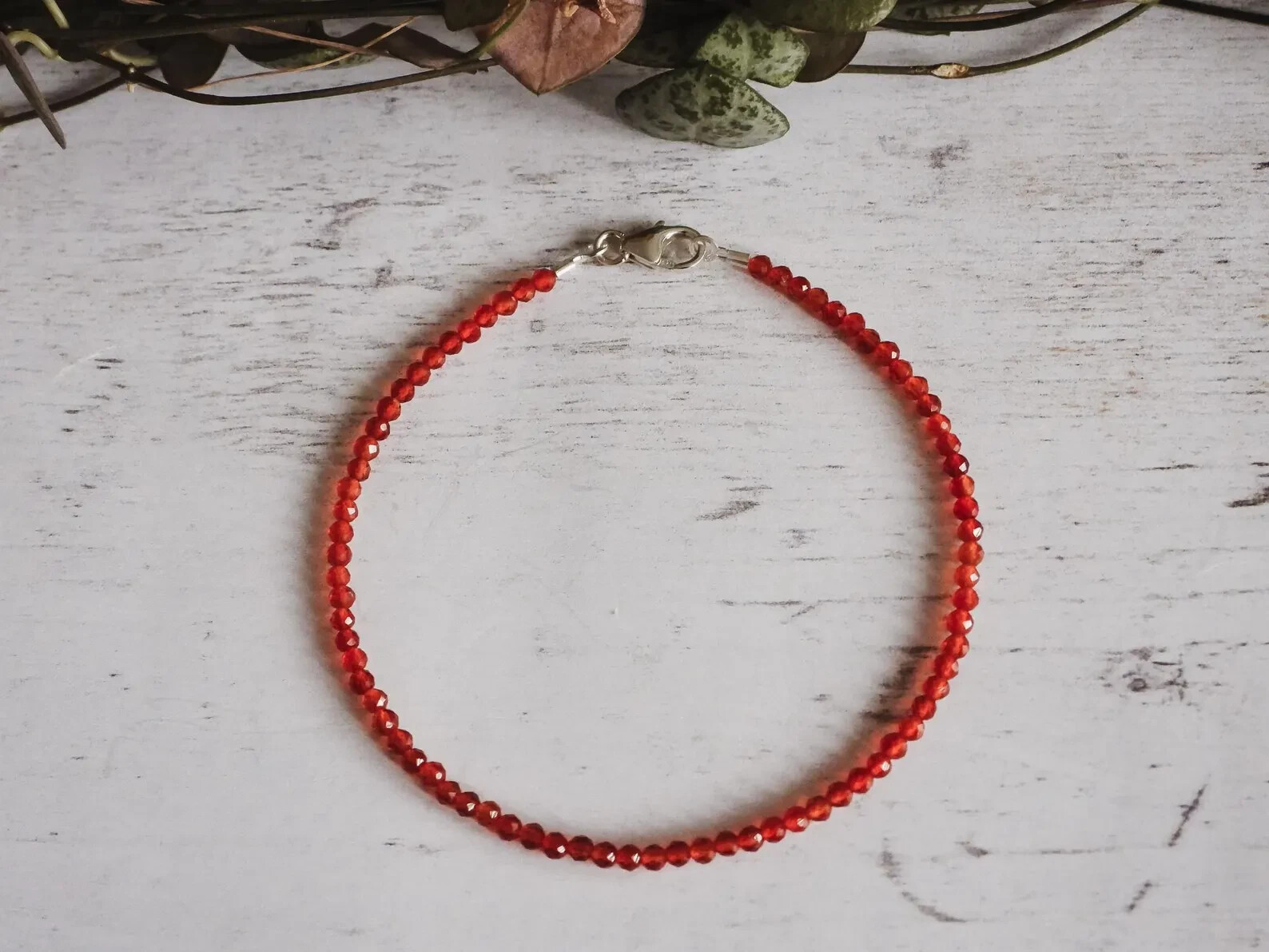 Dainty Red Carnelian Gemstone Anklet Sterling Silver, Adjustable Bracelet