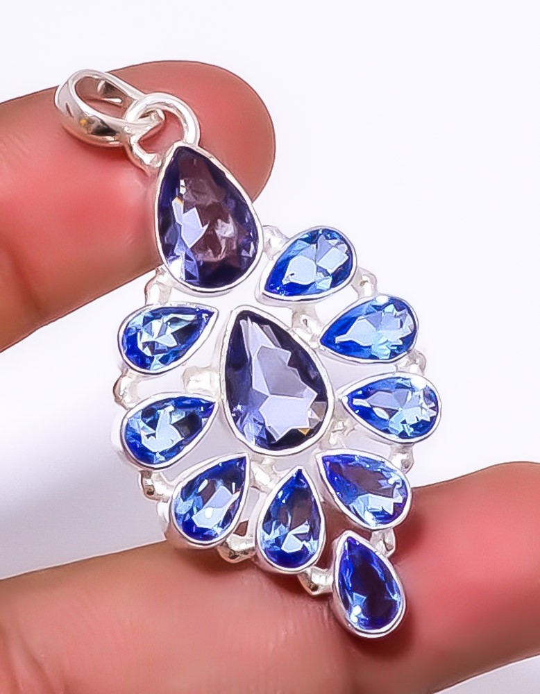 Iolite & Tanzanite Quartz 925 Sterling Silver Pendant 2.11″ A384