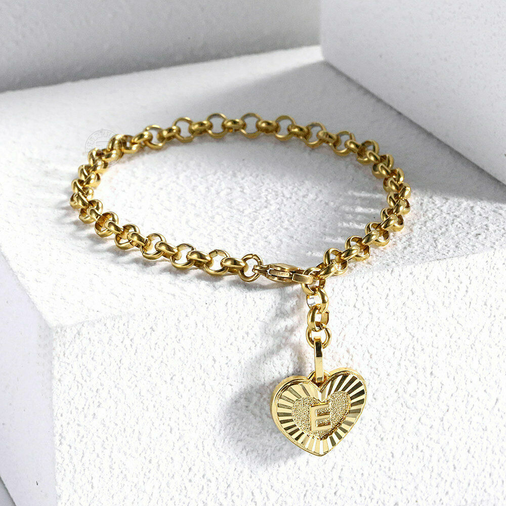 Women Gold Plated Stainless Steel Bracelet Heart Charm 8 inch 5mm Cable Chain
