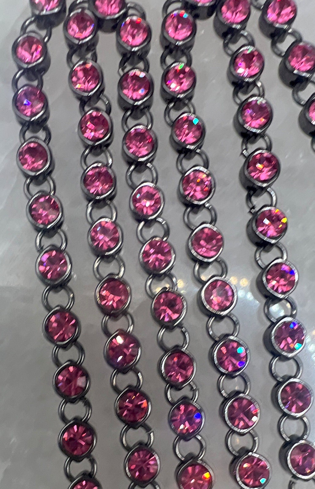 Pink Simulated Crystal Station Chain Necklace Dark Silver Tone Lobster Clasp 48”