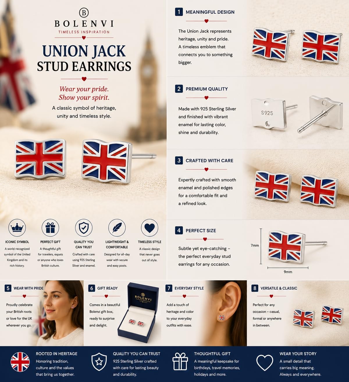 UK Flag Earrings, Union Jack United Kingdom Stud Earrings 925 Sterling Silver…