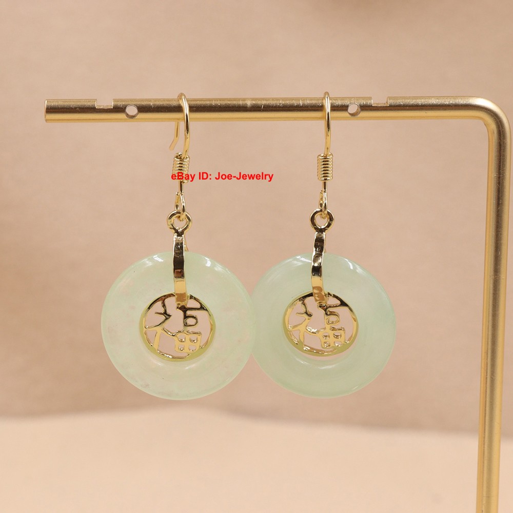 New Gold Plated Heated Light-Green Jade 福 Circle Dangle Earrings 38mm H
