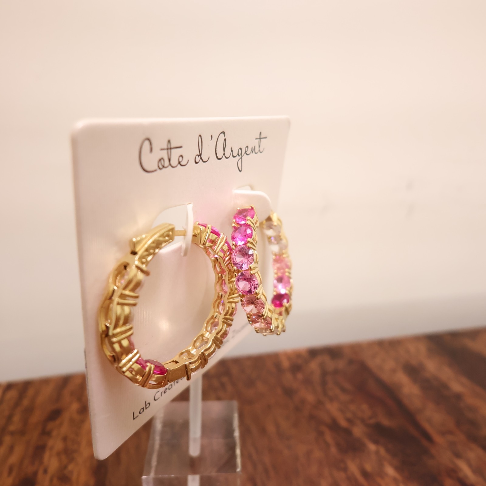 Cote d’Argent earrings pink crystal hoops inside-out lab-created rubies CZ 925