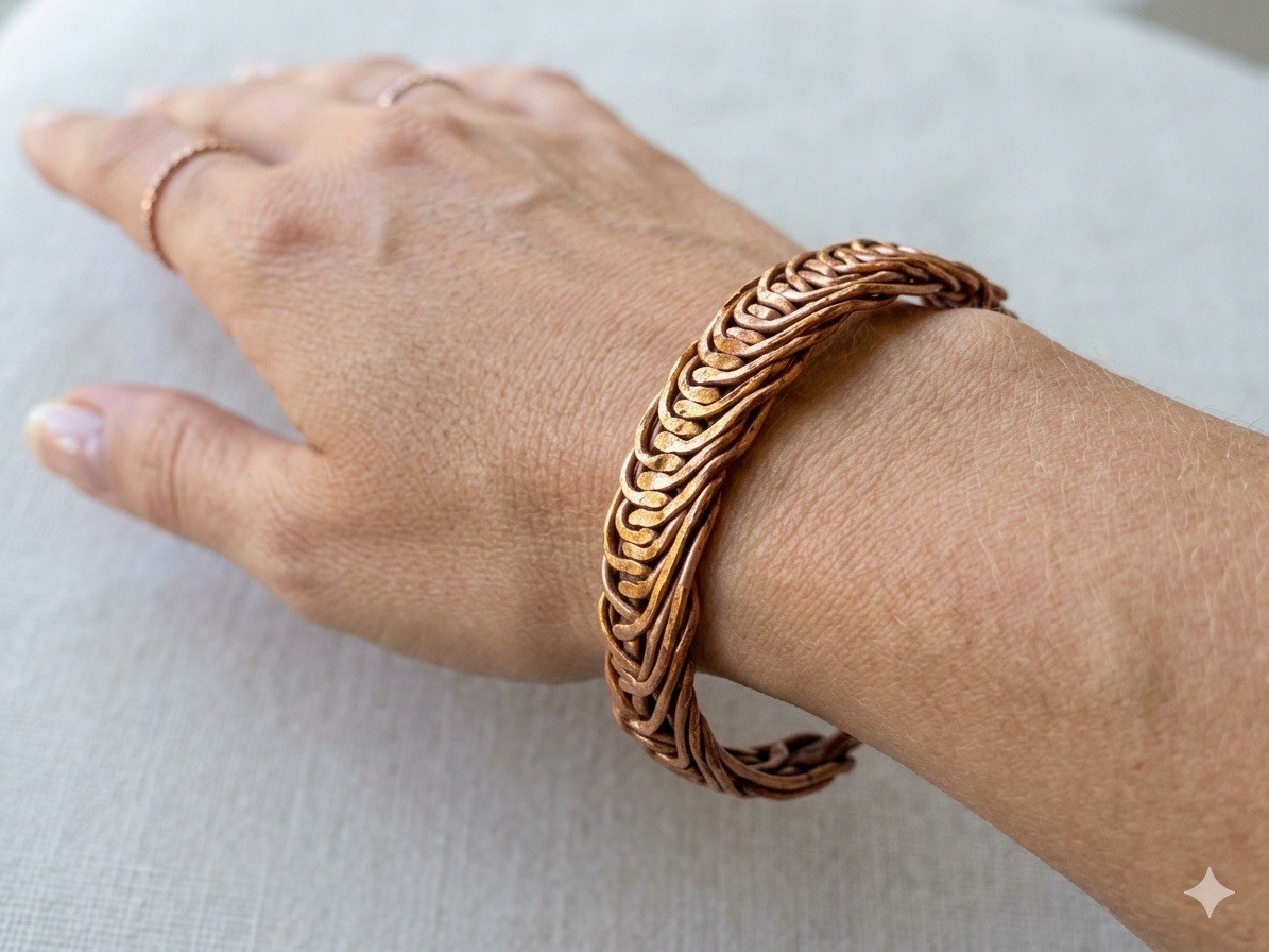 Braided copper cuff bracelet size 7 with a handmade, textured finish.