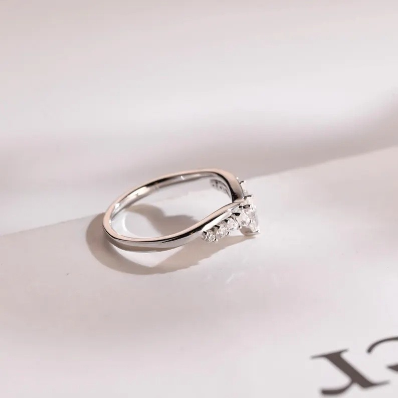Pear Cut Moissanite With 18k White Gold Plated Silver Women’s Band Ring #84