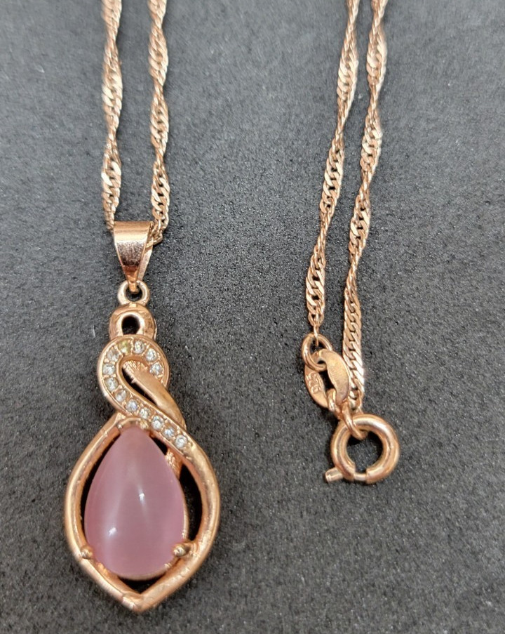 Aloha Moni Pink Opal Pendant and Cubic Zirconia Necklace and pink gold Chain 925
