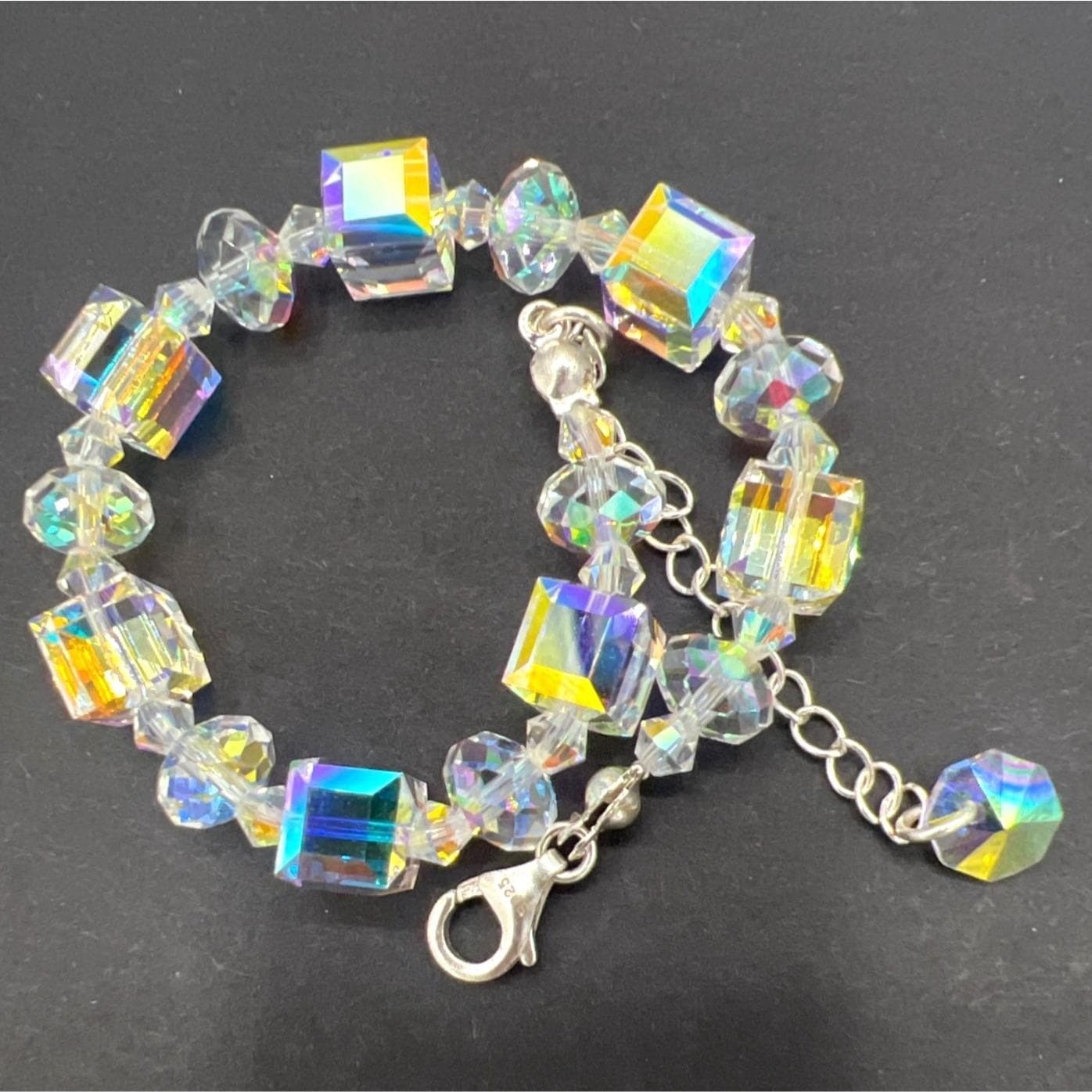 AB Crystal Bead Bracelet Adjustable Silver 7 + 2.5 Lobster Clasp Bridal Prom