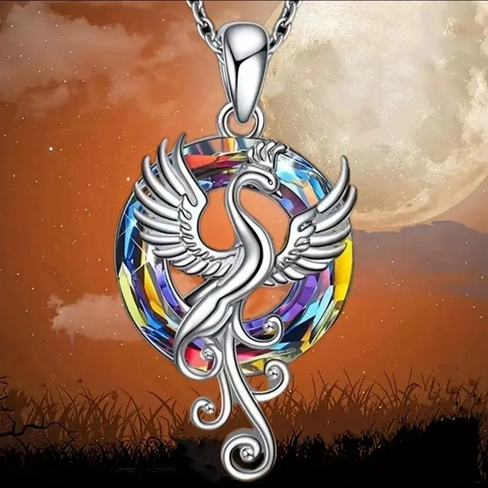 Crystal Phoenix Wings Pendant Necklace Colorful Firebird Clavicle Chain